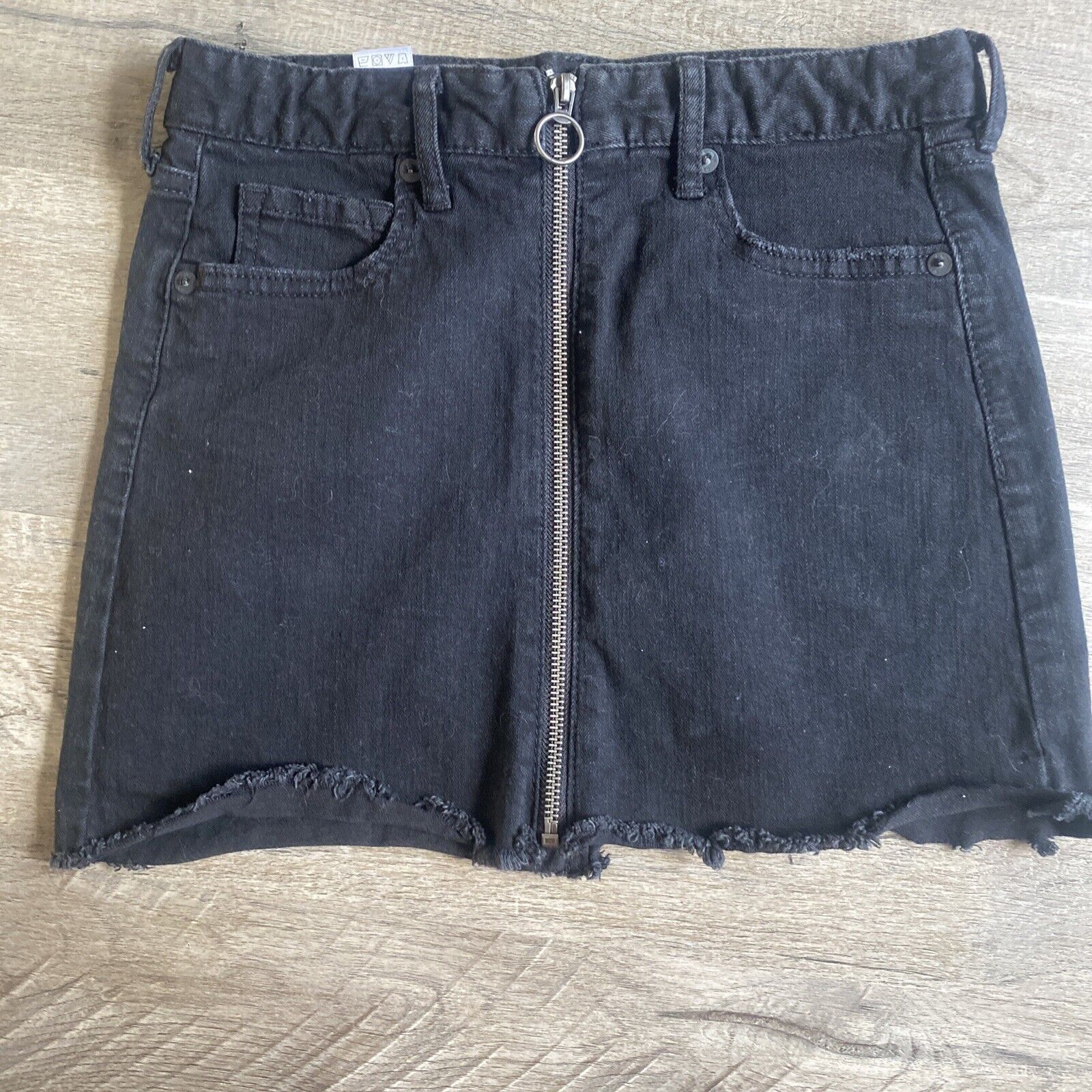 Aeropostale Black Denim Mini Skirt Raw Hem, Zip Closure, Size 0